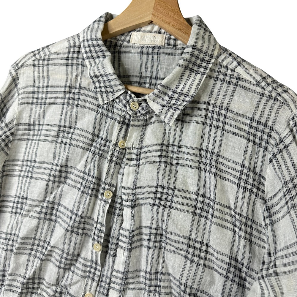 CP Shades Mens Large White Black Plaid 100% Linen Button Down Shirt Long sleeve
